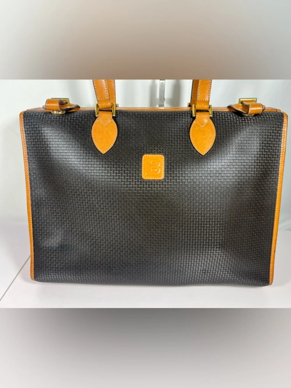 3077: Vintage Bally Micro B Monogram Black & Tan Leather Tote
